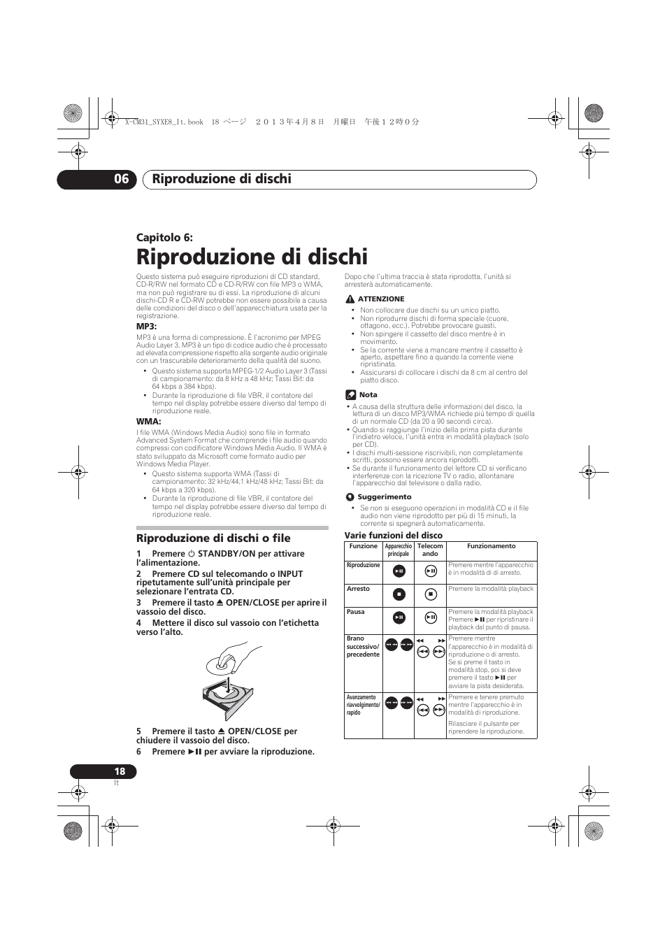 Riproduzione di dischi, Riproduzione di dischi o file, 06 riproduzione di dischi | Riproduzione di dischi 06, Capitolo 6 | Pioneer X-CM31-W User Manual | Page 114 / 228