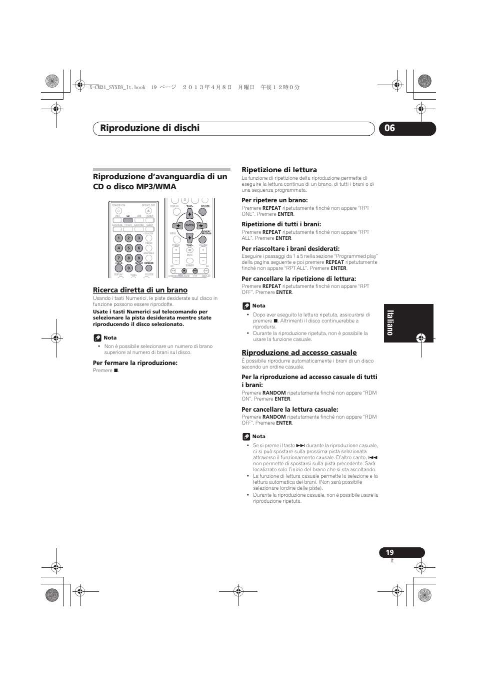 Ricerca diretta di un brano, Ripetizione di lettura, Riproduzione ad accesso casuale | Riproduzione d’avanguardia di un cd o disco, Mp3/wma, Riproduzione di dischi 06 | Pioneer X-CM31-W User Manual | Page 115 / 228