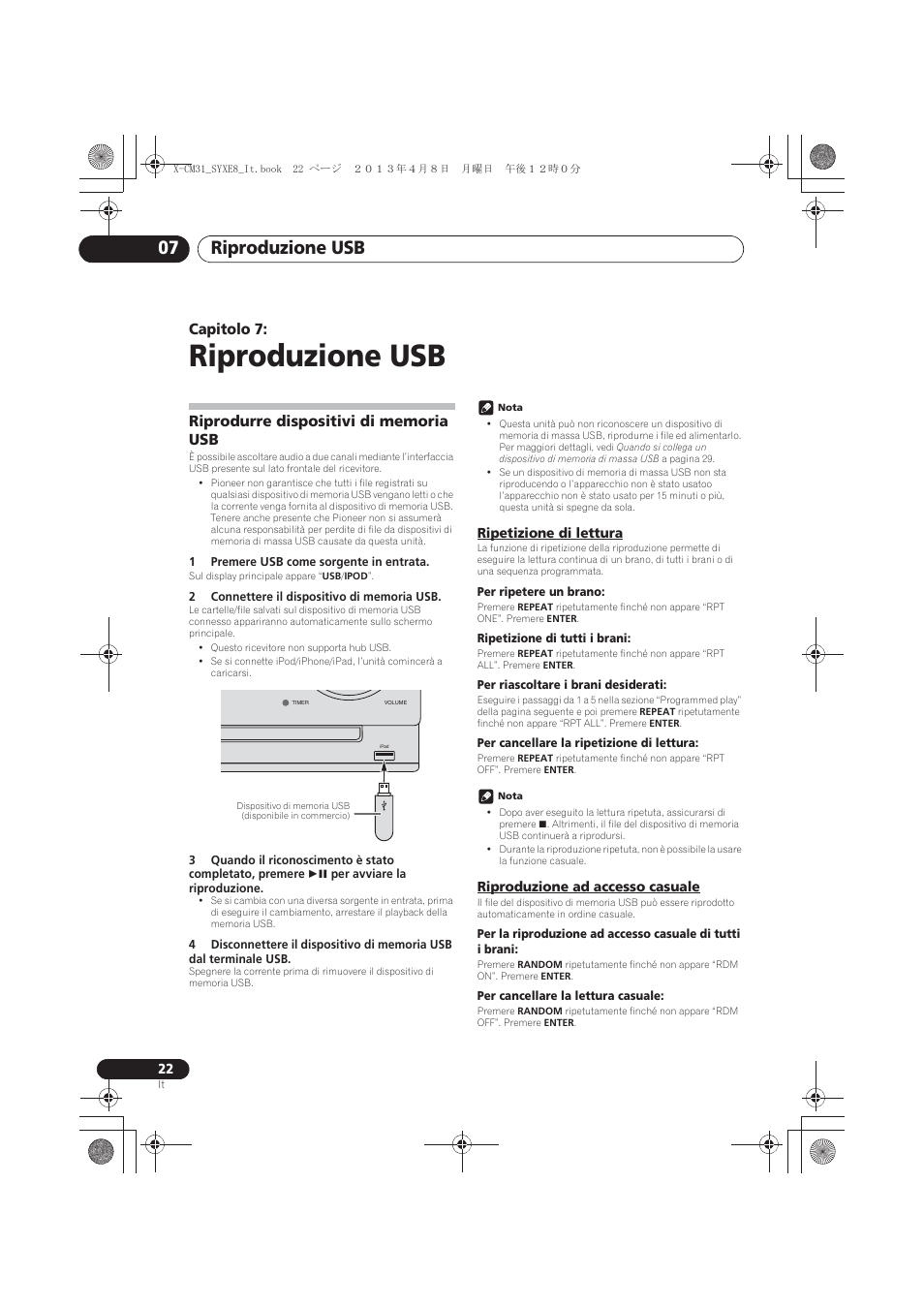Riproduzione usb, Riprodurre dispositivi di memoria usb, Ripetizione di lettura | Riproduzione ad accesso casuale, 07 riproduzione usb, Riproduzione usb 07, Capitolo 7 | Pioneer X-CM31-W User Manual | Page 118 / 228