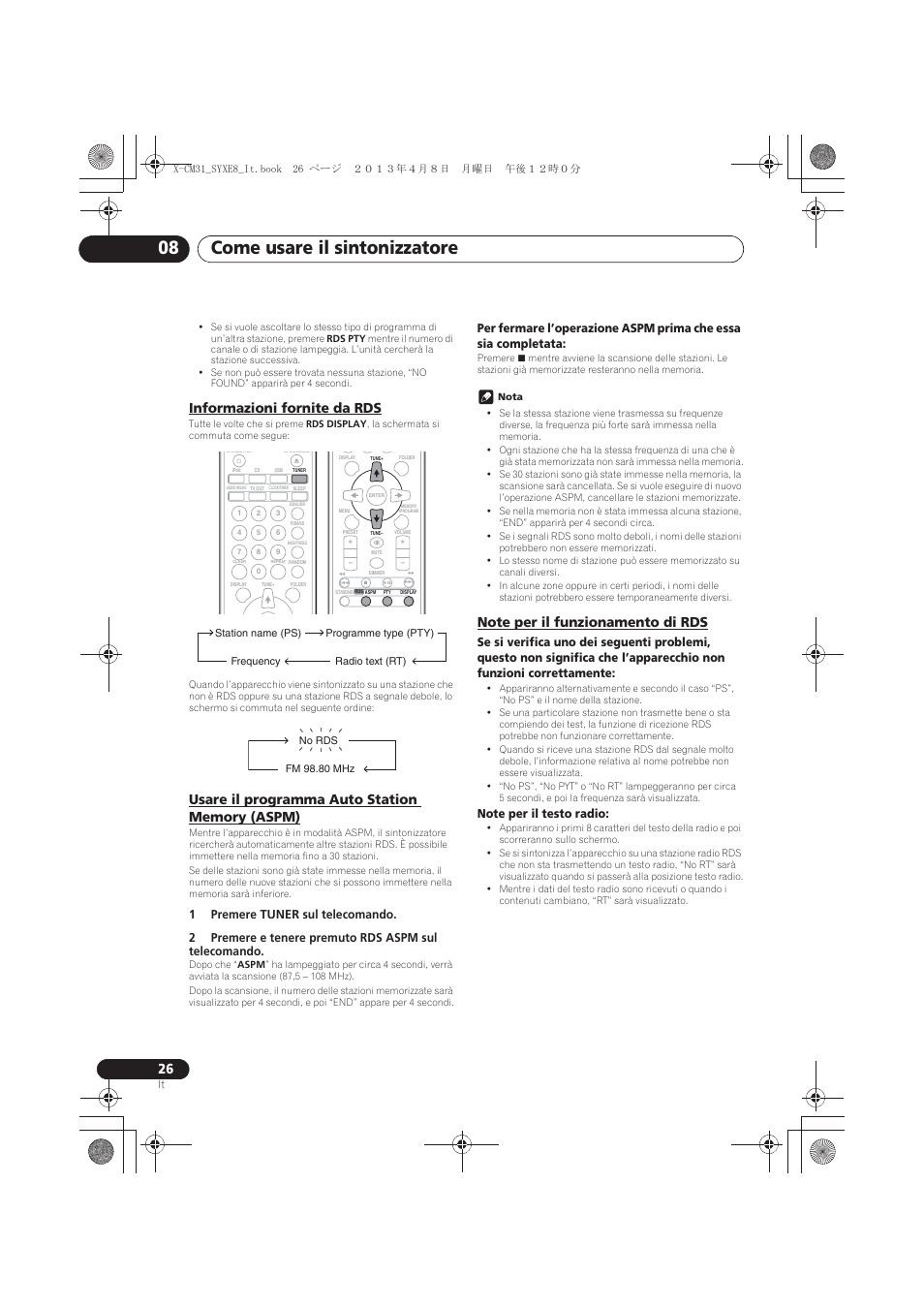 Informazioni fornite da rds, Usare il programma auto station memory (aspm), Note per il funzionamento di rds | Come usare il sintonizzatore 08 | Pioneer X-CM31-W User Manual | Page 122 / 228