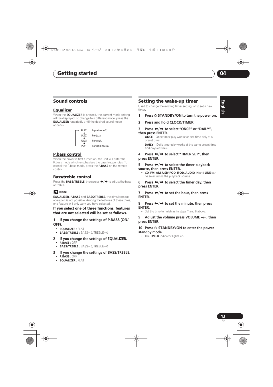 Sound controls, Equalizer, P.bass control | Bass/treble control, Setting the wake-up timer, Getting started 04, English français español | Pioneer X-CM31-W User Manual | Page 13 / 228