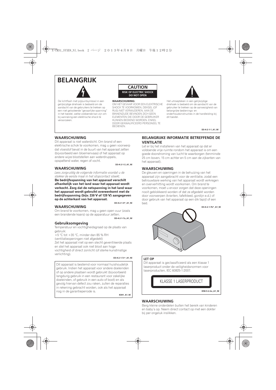 Belangrijk, Caution, Klasse 1 laserproduct | Pioneer X-CM31-W User Manual | Page 130 / 228