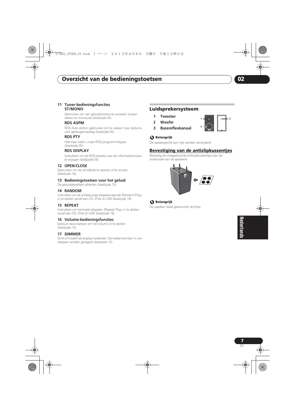 Luidsprekersysteem, Bevestiging van de antislipkussentjes, Overzicht van de bedieningstoetsen 02 | Pioneer X-CM31-W User Manual | Page 135 / 228