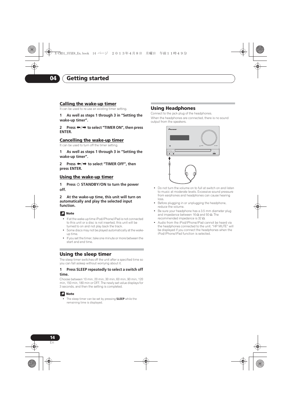 Calling the wake-up timer, Cancelling the wake-up timer, Using the wake-up timer | Using the sleep timer, Using headphones, Getting started 04 | Pioneer X-CM31-W User Manual | Page 14 / 228