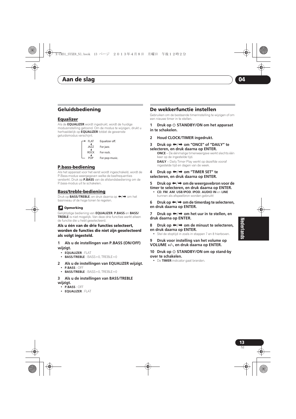 Geluidsbediening, Equalizer, P.bass-bediening | Bass/treble-bediening, De wekkerfunctie instellen, Aan de slag 04 | Pioneer X-CM31-W User Manual | Page 141 / 228