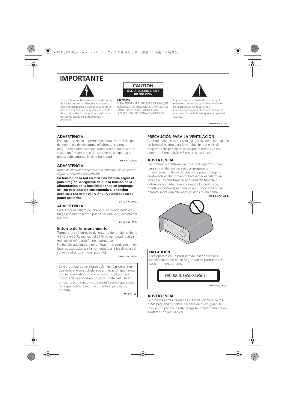 Importante, Caution, Producto laser clase 1 | Pioneer X-CM31-W User Manual | Page 162 / 228