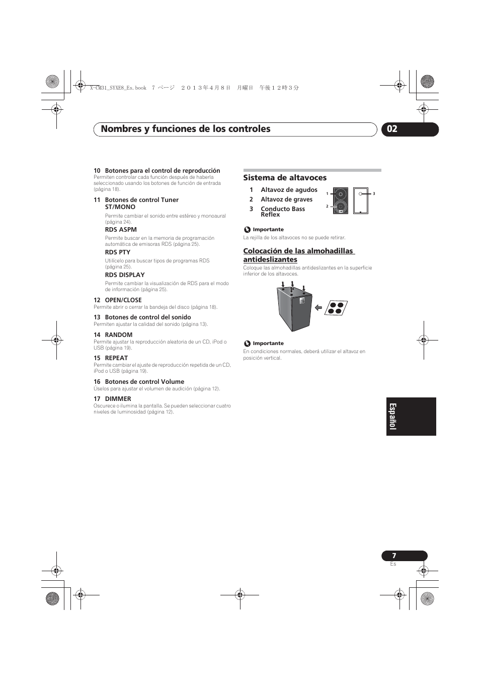 Sistema de altavoces, Colocación de las almohadillas antideslizantes, Nombres y funciones de los controles 02 | Pioneer X-CM31-W User Manual | Page 167 / 228