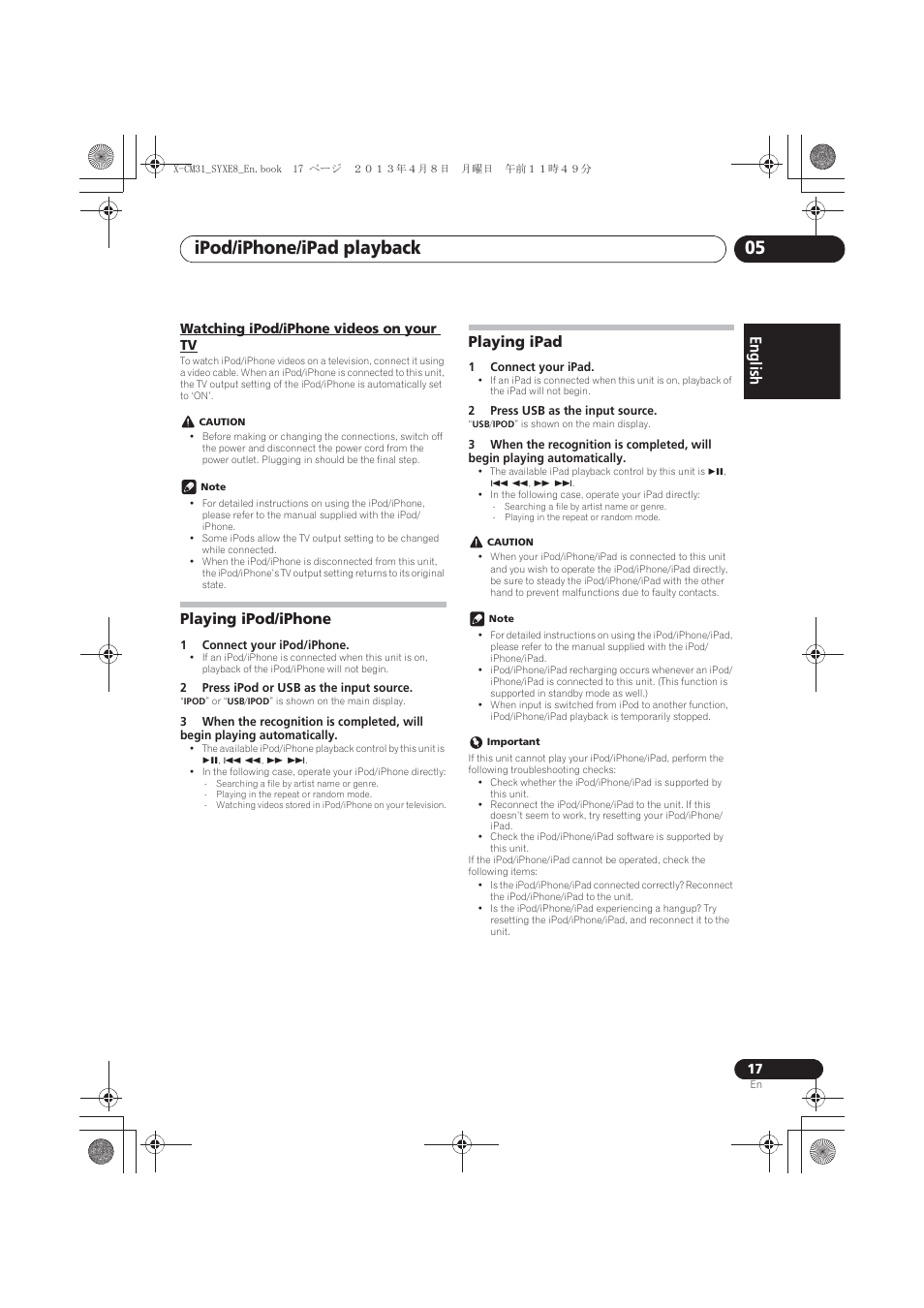 Watching ipod/iphone videos on your tv, Playing ipod/iphone, Playing ipad | Ipod/iphone/ipad playback 05, English français español | Pioneer X-CM31-W User Manual | Page 17 / 228