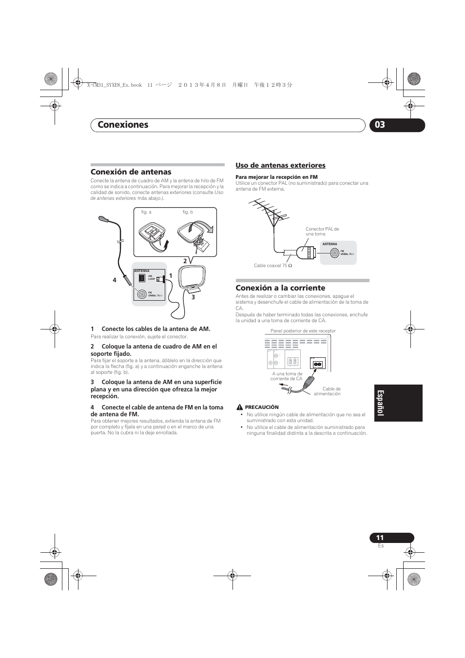 Conexión de antenas, Uso de antenas exteriores, Conexión a la corriente | Conexiones 03 | Pioneer X-CM31-W User Manual | Page 171 / 228