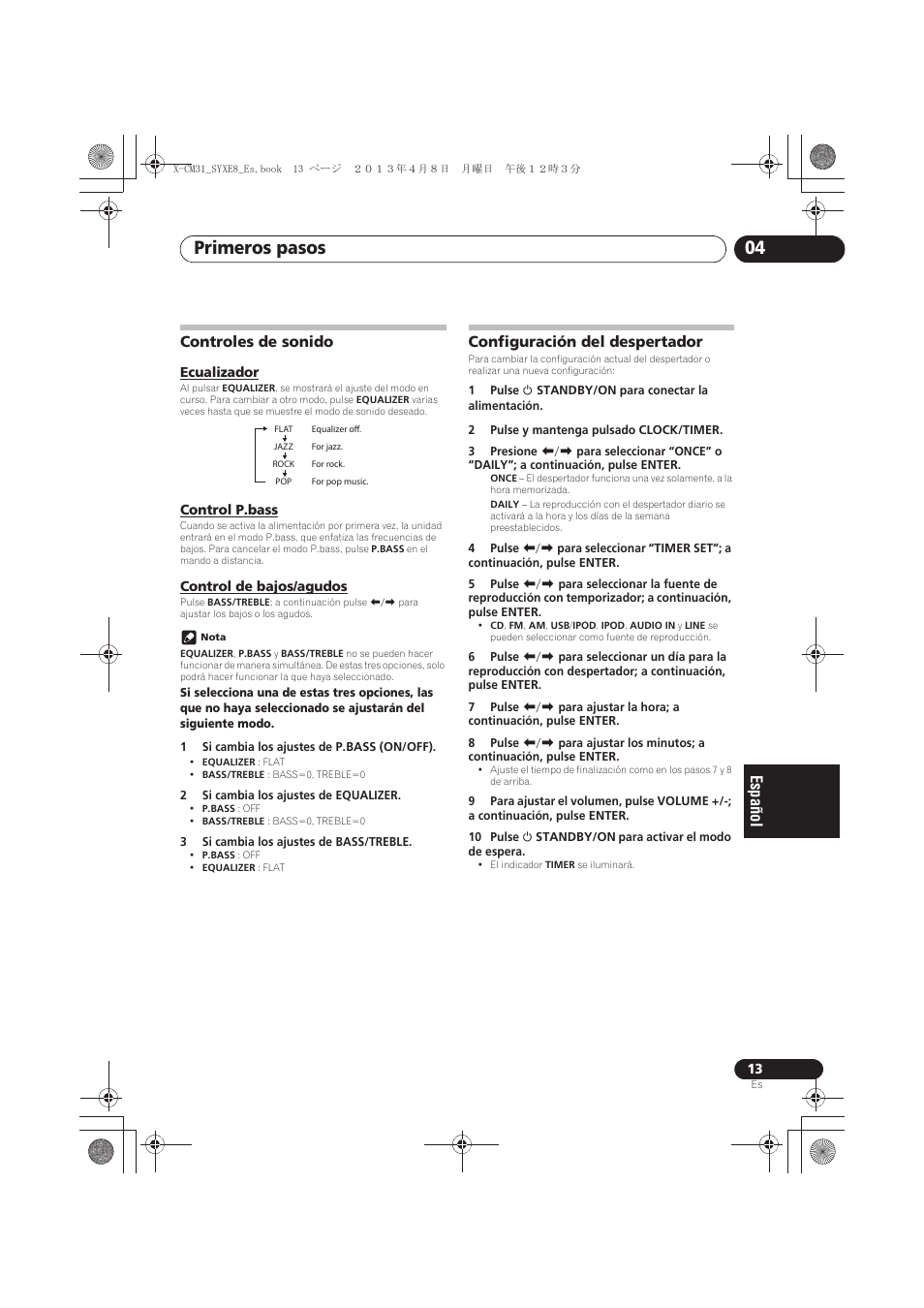 Controles de sonido, Ecualizador, Control p.bass | Control de bajos/agudos, Configuración del despertador, Primeros pasos 04 | Pioneer X-CM31-W User Manual | Page 173 / 228