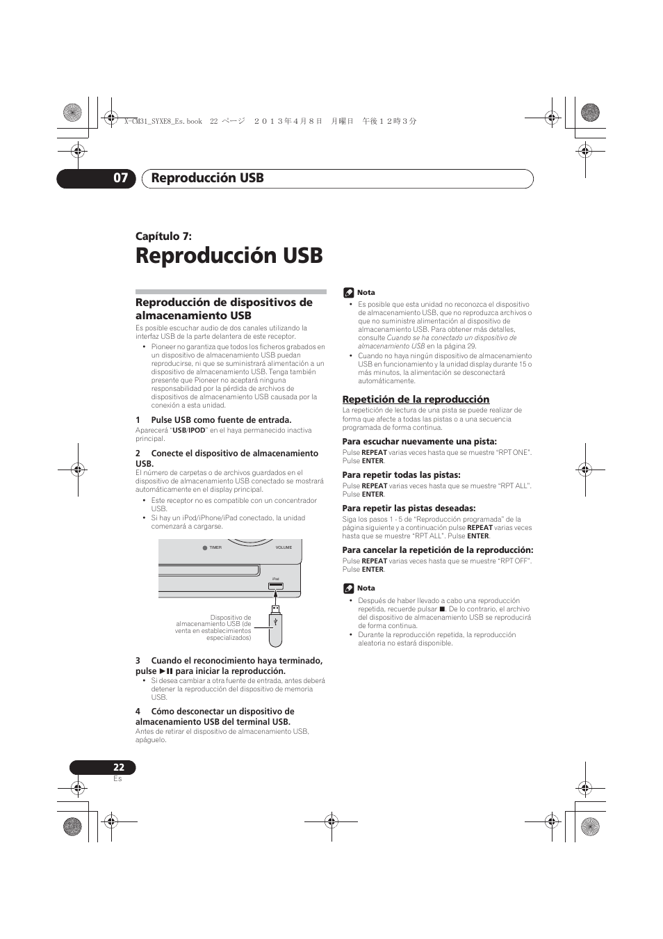 Reproducción usb, Reproducción de dispositivos de almacenamiento usb, Repetición de la reproducción | 07 reproducción usb, Reproducción de dispositivos de almacenamiento, Reproducción usb 07, Capítulo 7 | Pioneer X-CM31-W User Manual | Page 182 / 228