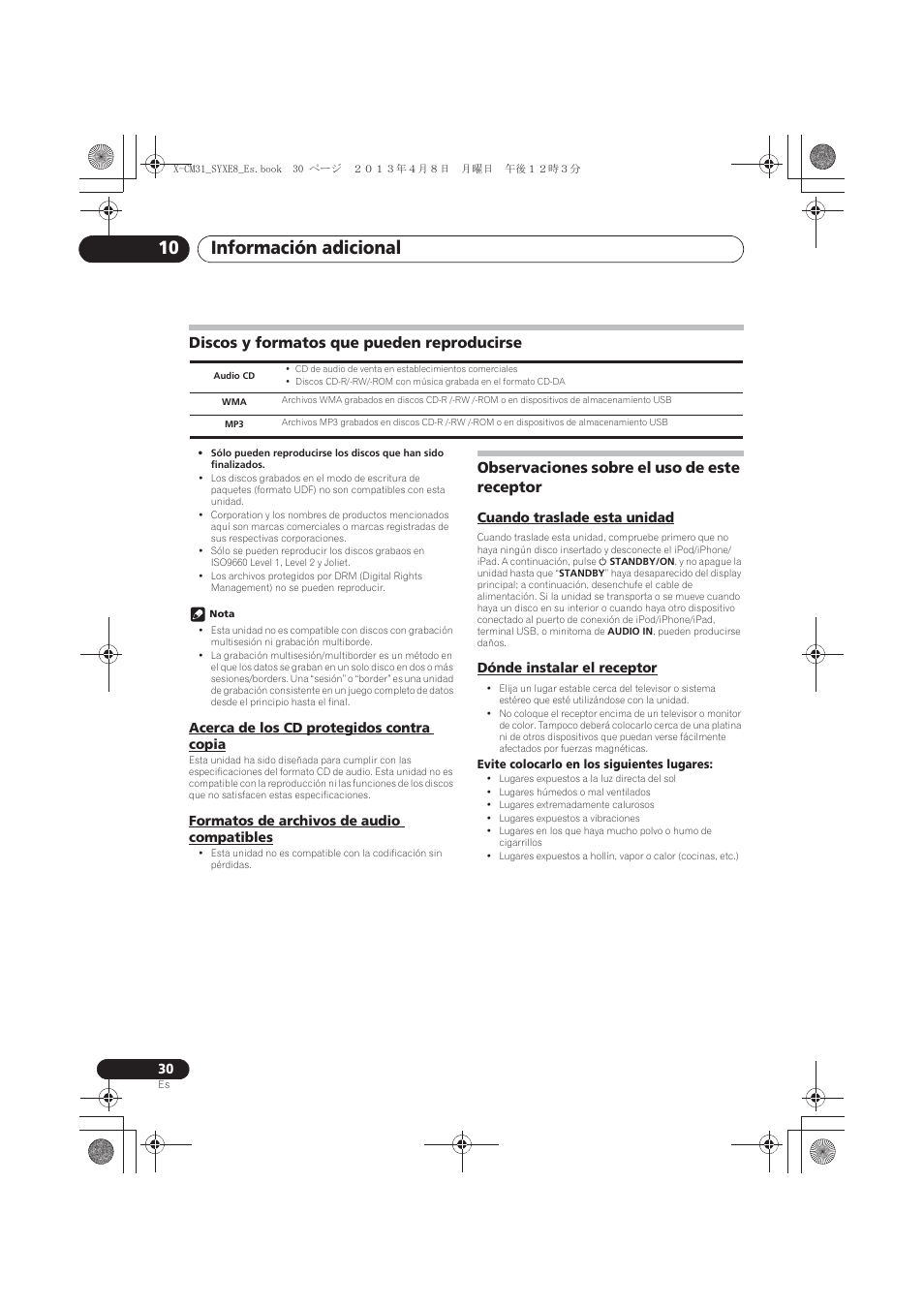 Discos y formatos que pueden reproducirse, Acerca de los cd protegidos contra copia, Formatos de archivos de audio compatibles | Observaciones sobre el uso de este receptor, Cuando traslade esta unidad, Dónde instalar el receptor, Información adicional 10 | Pioneer X-CM31-W User Manual | Page 190 / 228