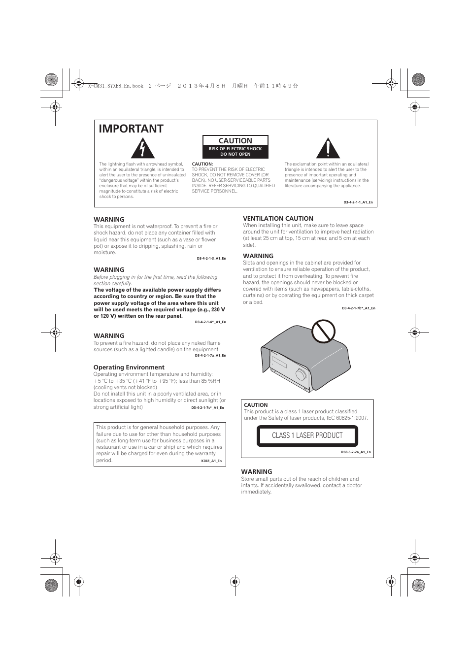 Important, Caution, Class 1 laser product | Pioneer X-CM31-W User Manual | Page 2 / 228