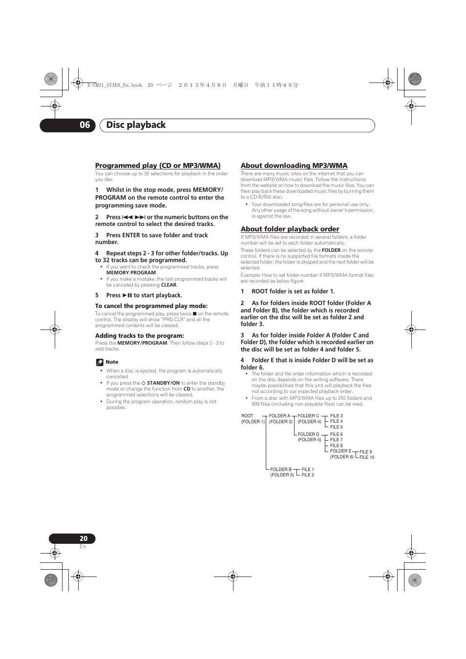 Programmed play (cd or mp3/wma), About downloading mp3/wma, About folder playback order | Disc playback 06 | Pioneer X-CM31-W User Manual | Page 20 / 228