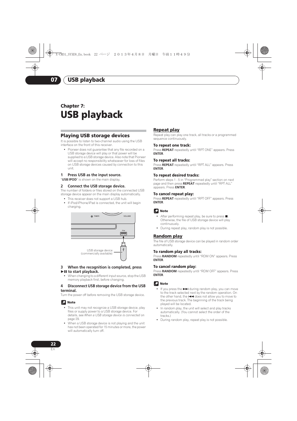 Usb playback, Playing usb storage devices, Repeat play | Random play, 07 usb playback, Usb playback 07, Chapter 7 | Pioneer X-CM31-W User Manual | Page 22 / 228