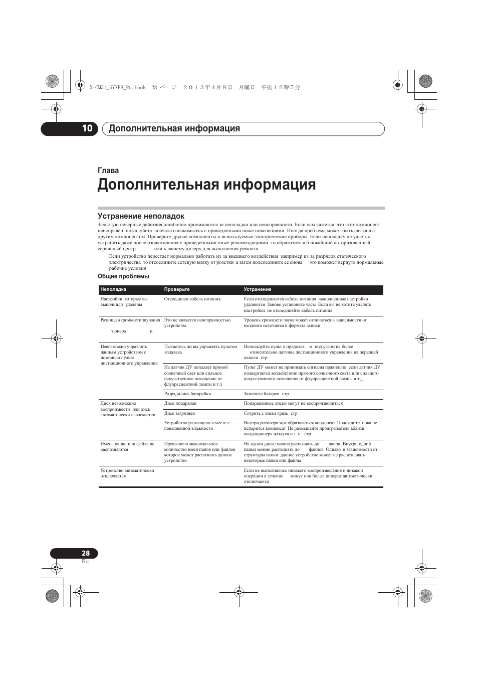 Дополнительная информация, Устранение неполадок, Ⱦɨɩɨɥɧɢɬɟɥɶɧɚɹ ɢɧɮɨɪɦɚɰɢɹ | Ɍɫɬɪɚɧɟɧɢɟ ɧɟɩɨɥɚɞɨɤ, Ⱦɨɩɨɥɧɢɬɟɥɶɧɚɹ ɢɧɮɨɪɦɚɰɢɹ 10, Ƚɥɚɜɚ 10 | Pioneer X-CM31-W User Manual | Page 220 / 228