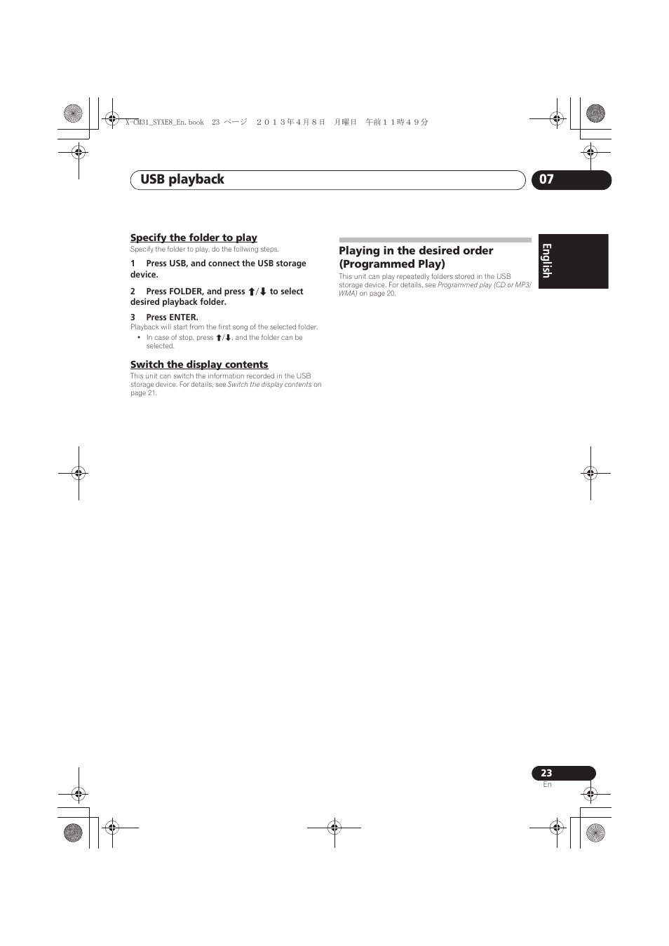 Specify the folder to play, Switch the display contents, Playing in the desired order (programmed play) | Playing in the desired order, Programmed play), Usb playback 07, English français español | Pioneer X-CM31-W User Manual | Page 23 / 228