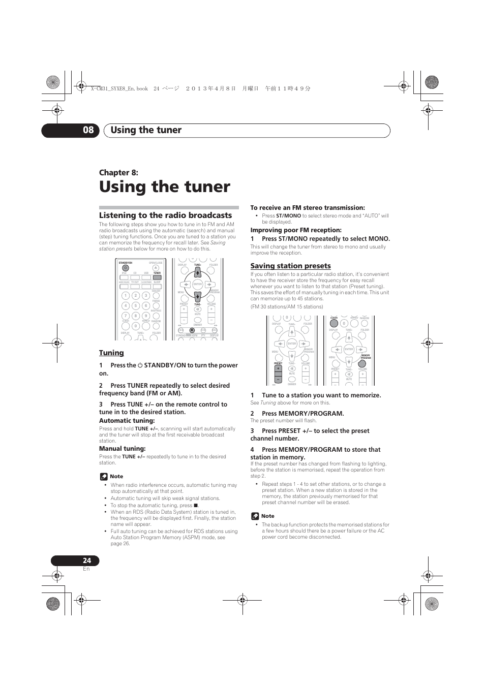 Using the tuner, Listening to the radio broadcasts, Tuning | Saving station presets, 08 using the tuner, Using the tuner 08, Chapter 8, Manual tuning | Pioneer X-CM31-W User Manual | Page 24 / 228