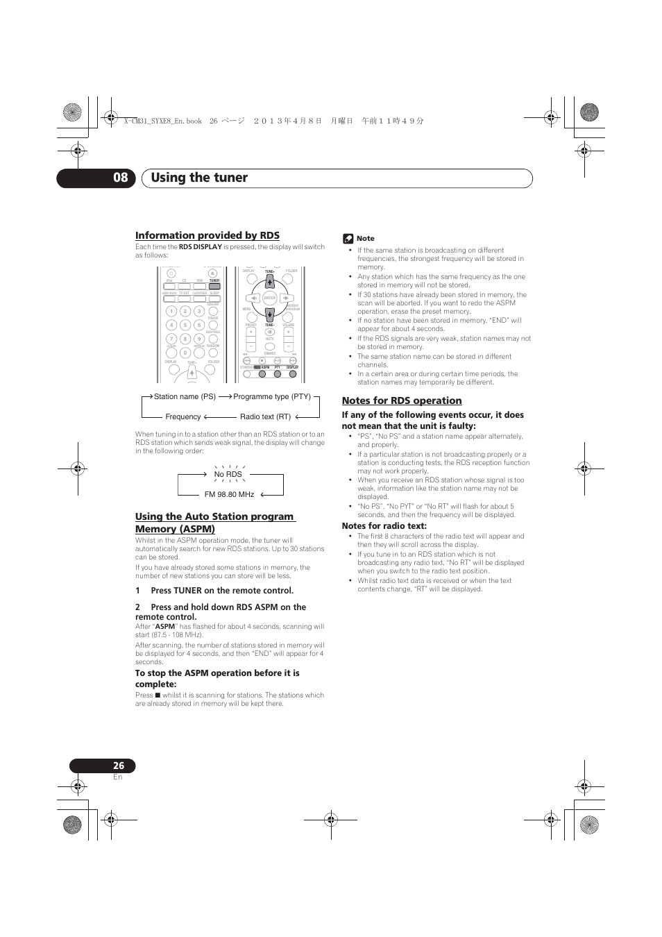 Information provided by rds, Using the auto station program memory (aspm), Notes for rds operation | Using the tuner 08 | Pioneer X-CM31-W User Manual | Page 26 / 228