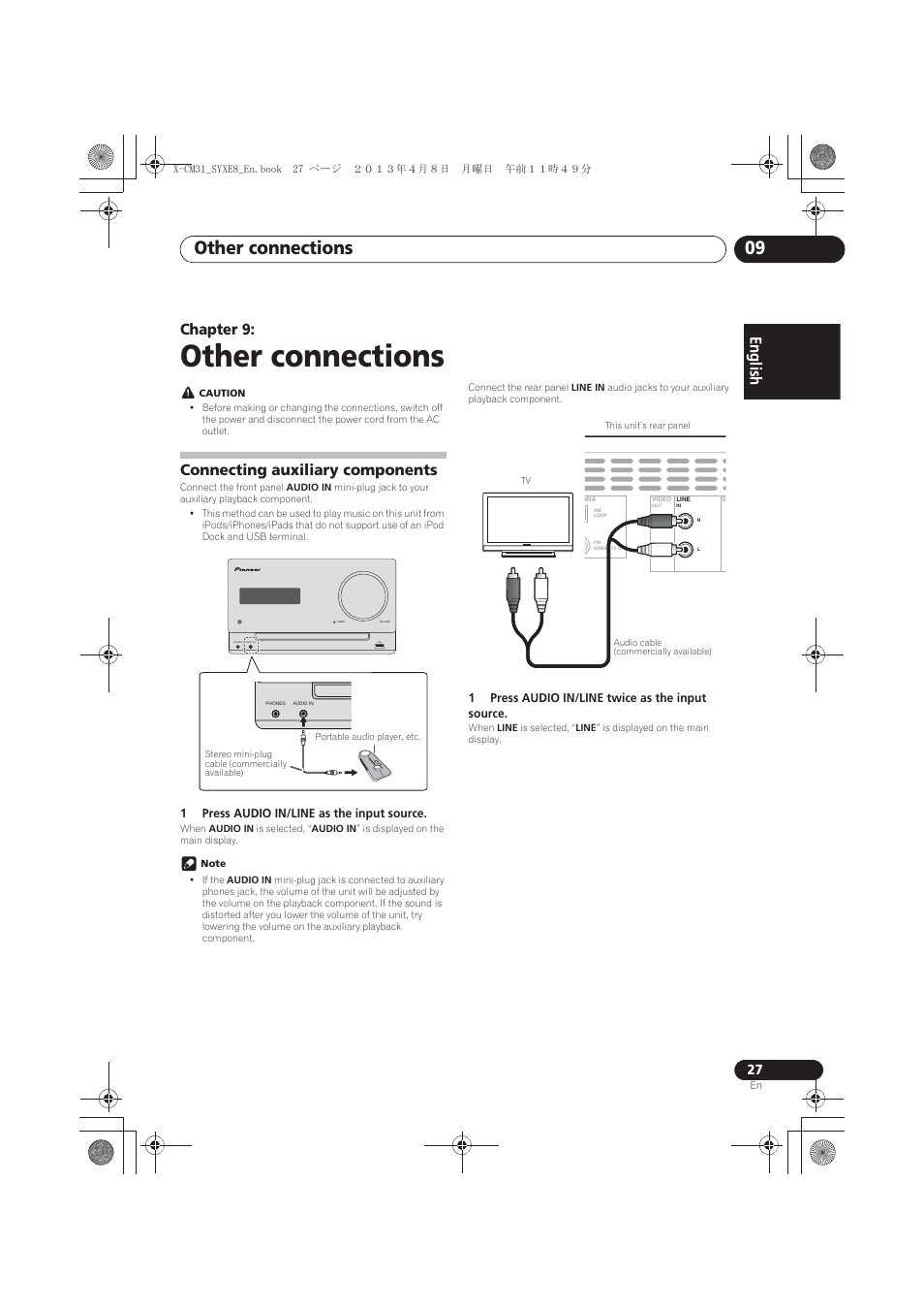 Other connections, Connecting auxiliary components, 09 other connections | Other connections 09, English français español, Chapter 9 | Pioneer X-CM31-W User Manual | Page 27 / 228