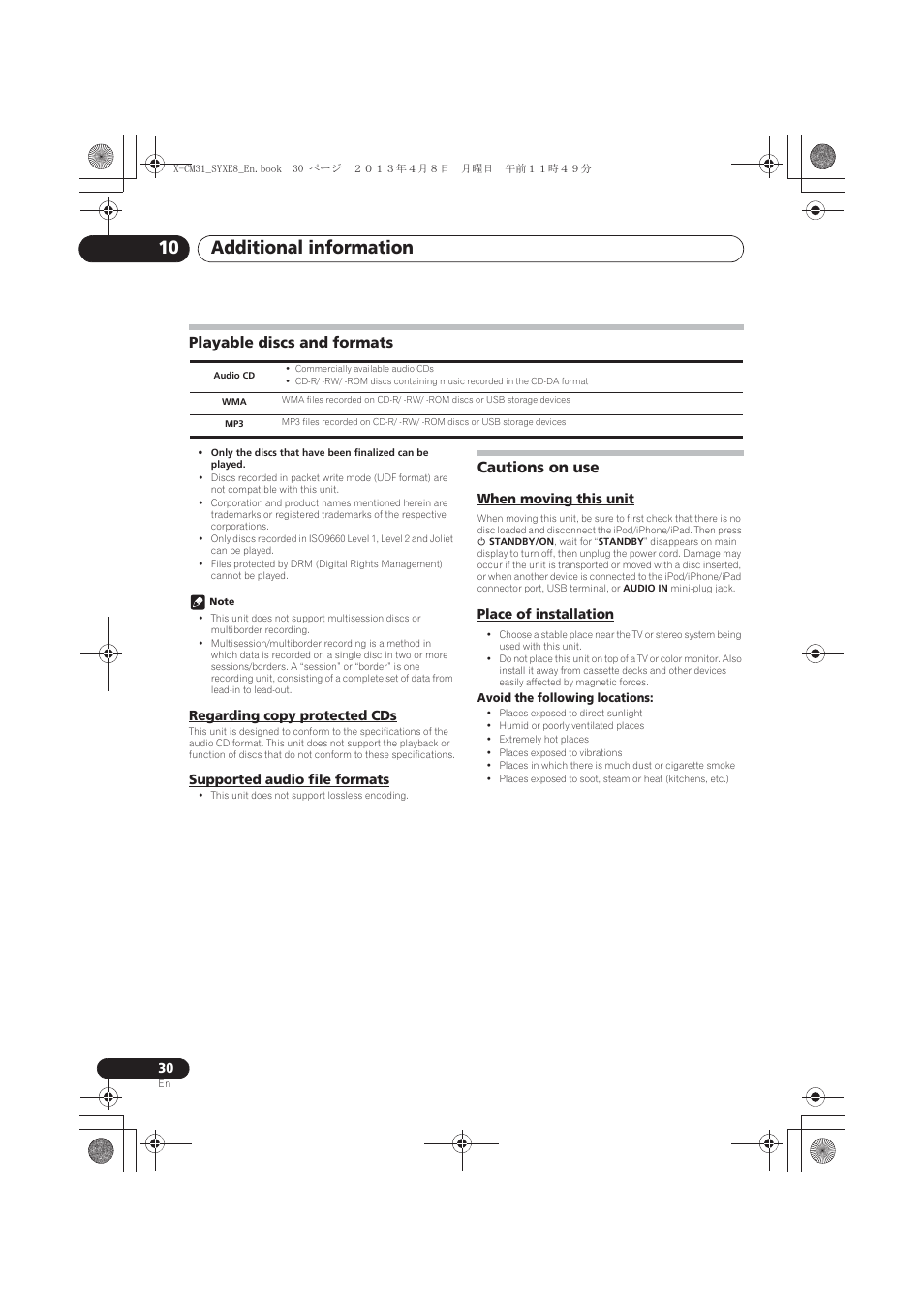 Playable discs and formats, Regarding copy protected cds, Supported audio file formats | Cautions on use, When moving this unit, Place of installation, Additional information 10 | Pioneer X-CM31-W User Manual | Page 30 / 228