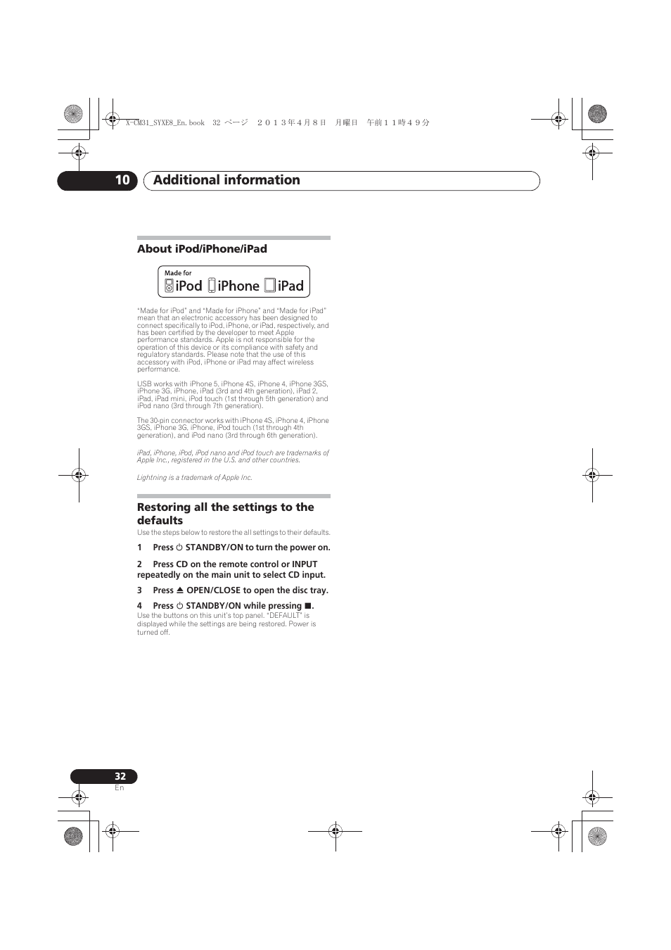 About ipod/iphone/ipad, Restoring all the settings to the defaults, Additional information 10 | Pioneer X-CM31-W User Manual | Page 32 / 228