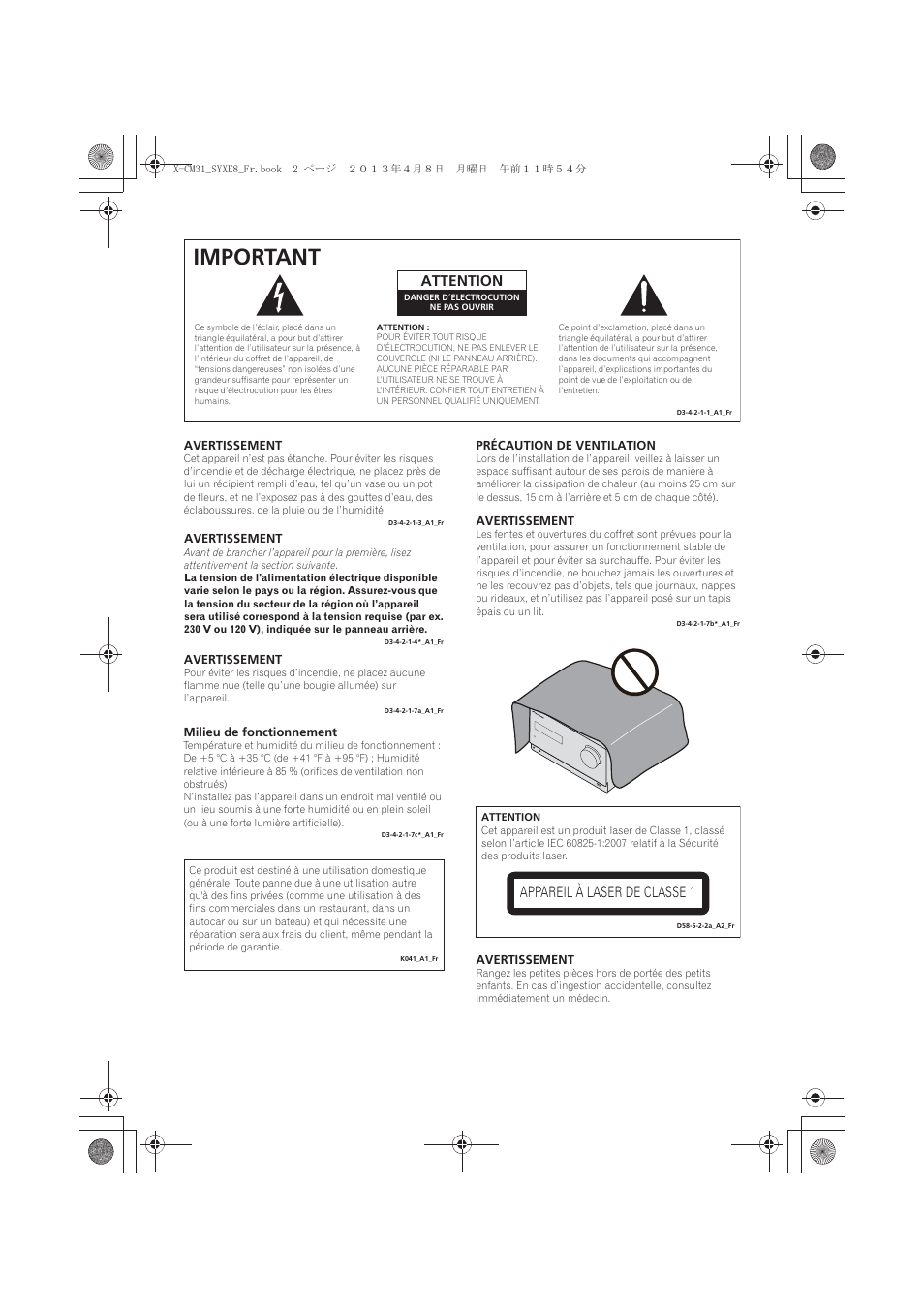 Important, Attention, Appareil à laser de classe 1 | Pioneer X-CM31-W User Manual | Page 34 / 228