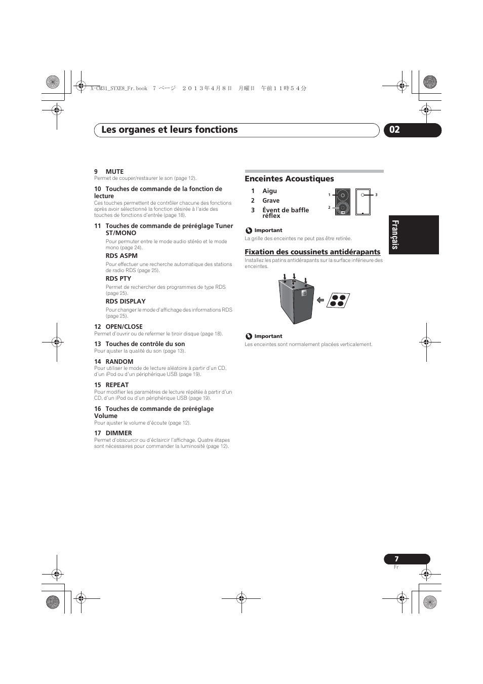 Enceintes acoustiques, Fixation des coussinets antidérapants, Les organes et leurs fonctions 02 | Pioneer X-CM31-W User Manual | Page 39 / 228