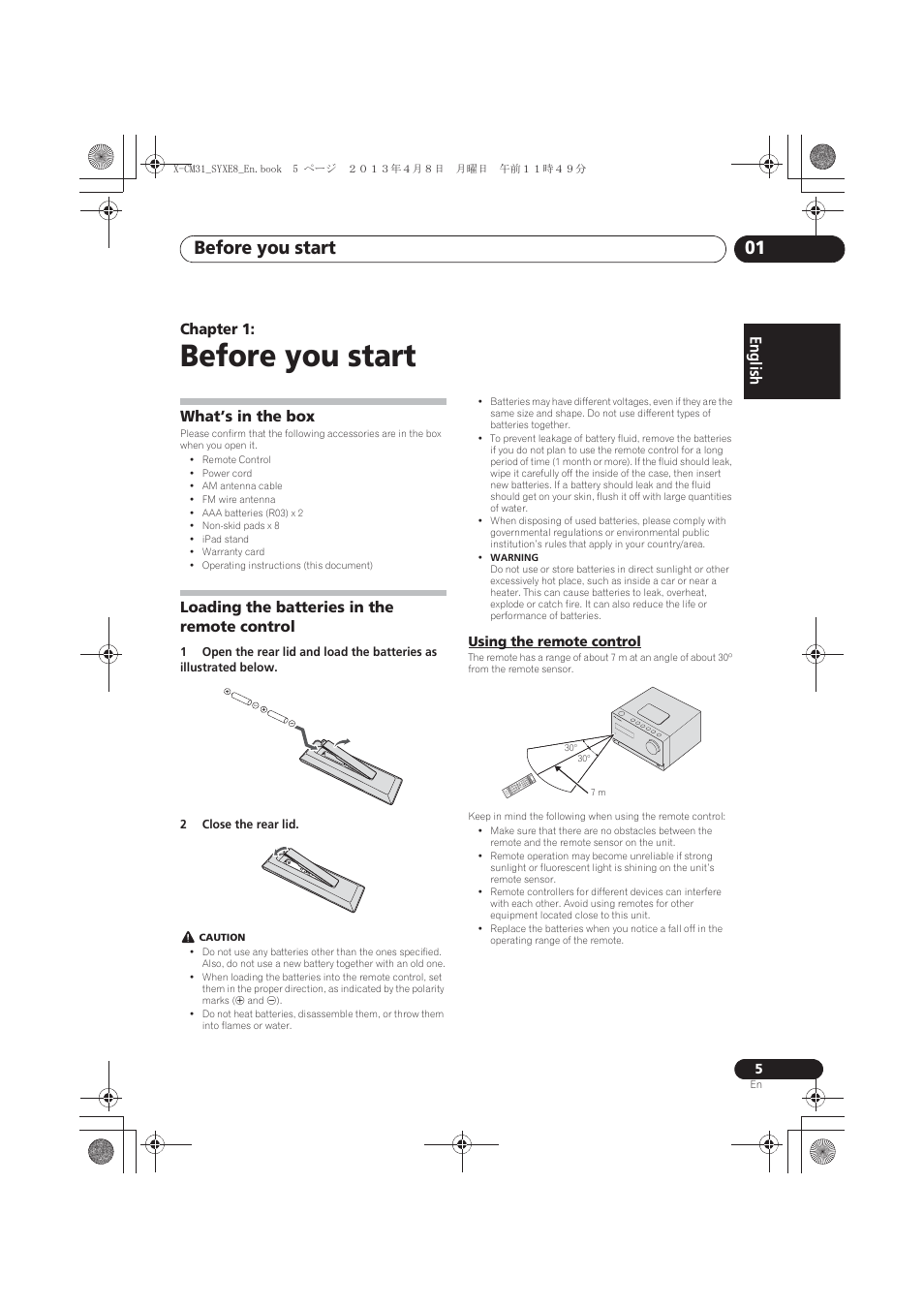 Before you start, What’s in the box, Loading the batteries in the remote control | Using the remote control, 01 before you start, Before you start 01 | Pioneer X-CM31-W User Manual | Page 5 / 228