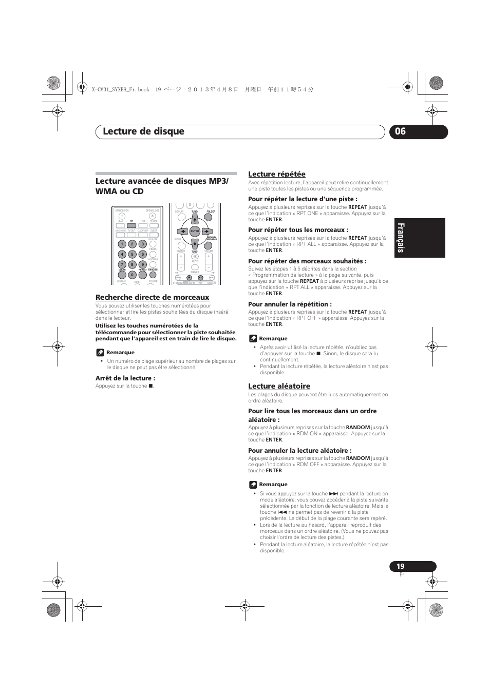 Lecture avancée de disques mp3/ wma ou cd, Recherche directe de morceaux, Lecture répétée | Lecture aléatoire, Lecture avancée de disques mp3/wma ou cd, Lecture de disque 06 | Pioneer X-CM31-W User Manual | Page 51 / 228