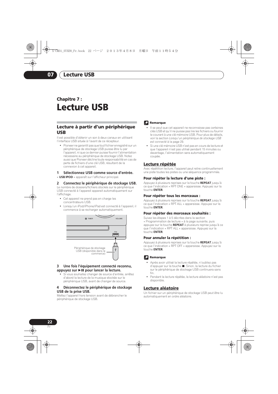 Lecture usb, Lecture à partir d’un périphérique usb, Lecture répétée | Lecture aléatoire, 07 lecture usb, Lecture usb 07, Chapitre 7 | Pioneer X-CM31-W User Manual | Page 54 / 228