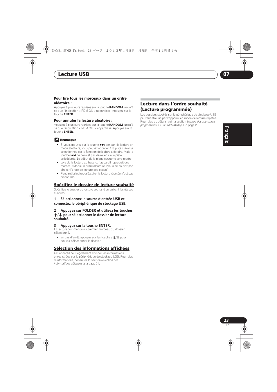Spécifiez le dossier de lecture souhaité, Sélection des informations affichées, Lecture dans l’ordre souhaité (lecture programmée) | Lecture dans l’ordre souhaité, Lecture programmée), Lecture usb 07 | Pioneer X-CM31-W User Manual | Page 55 / 228