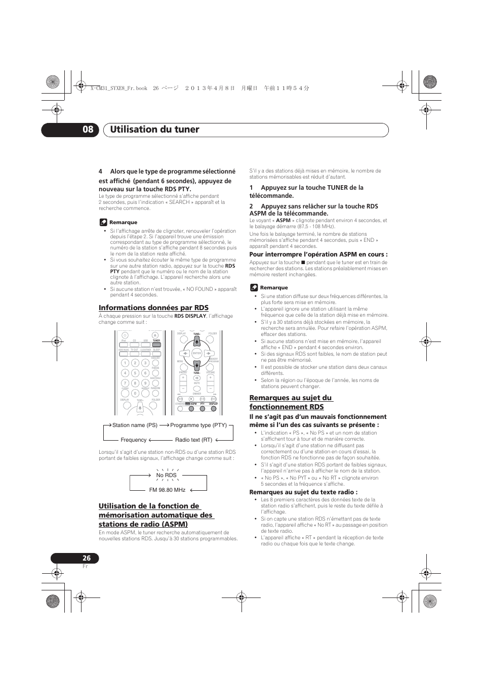 Informations données par rds, Remarques au sujet du fonctionnement rds, Des stations de radio (aspm) | Utilisation du tuner 08 | Pioneer X-CM31-W User Manual | Page 58 / 228
