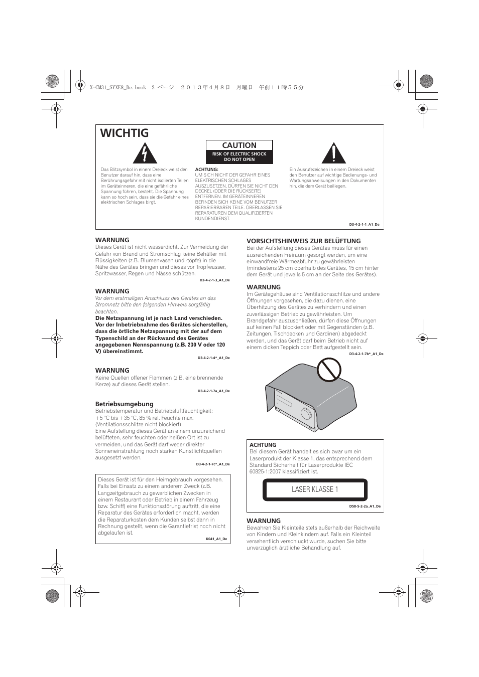 Wichtig, Caution, Laser klasse 1 | Pioneer X-CM31-W User Manual | Page 66 / 228