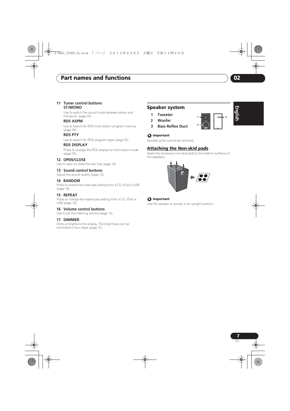 Speaker system, Attaching the non-skid pads, Part names and functions 02 | English français español | Pioneer X-CM31-W User Manual | Page 7 / 228