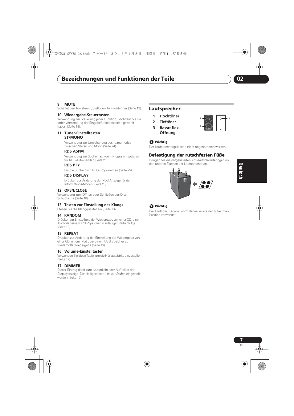Lautsprecher, Befestigung der rutschfesten füße, Bezeichnungen und funktionen der teile 02 | Pioneer X-CM31-W User Manual | Page 71 / 228