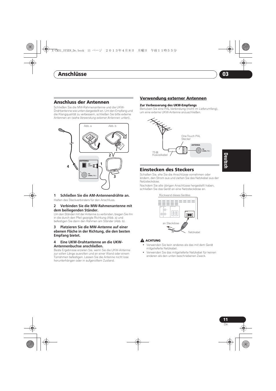 Anschluss der antennen, Verwendung externer antennen, Einstecken des steckers | Anschlüsse 03 | Pioneer X-CM31-W User Manual | Page 75 / 228