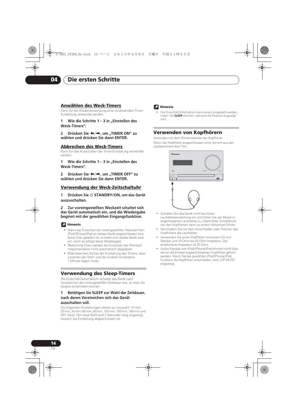 Anwählen des weck-timers, Abbrechen des weck-timers, Verwendung der weck-zeitschaltuhr | Verwendung des sleep-timers, Verwenden von kopfhörern, Die ersten schritte 04 | Pioneer X-CM31-W User Manual | Page 78 / 228