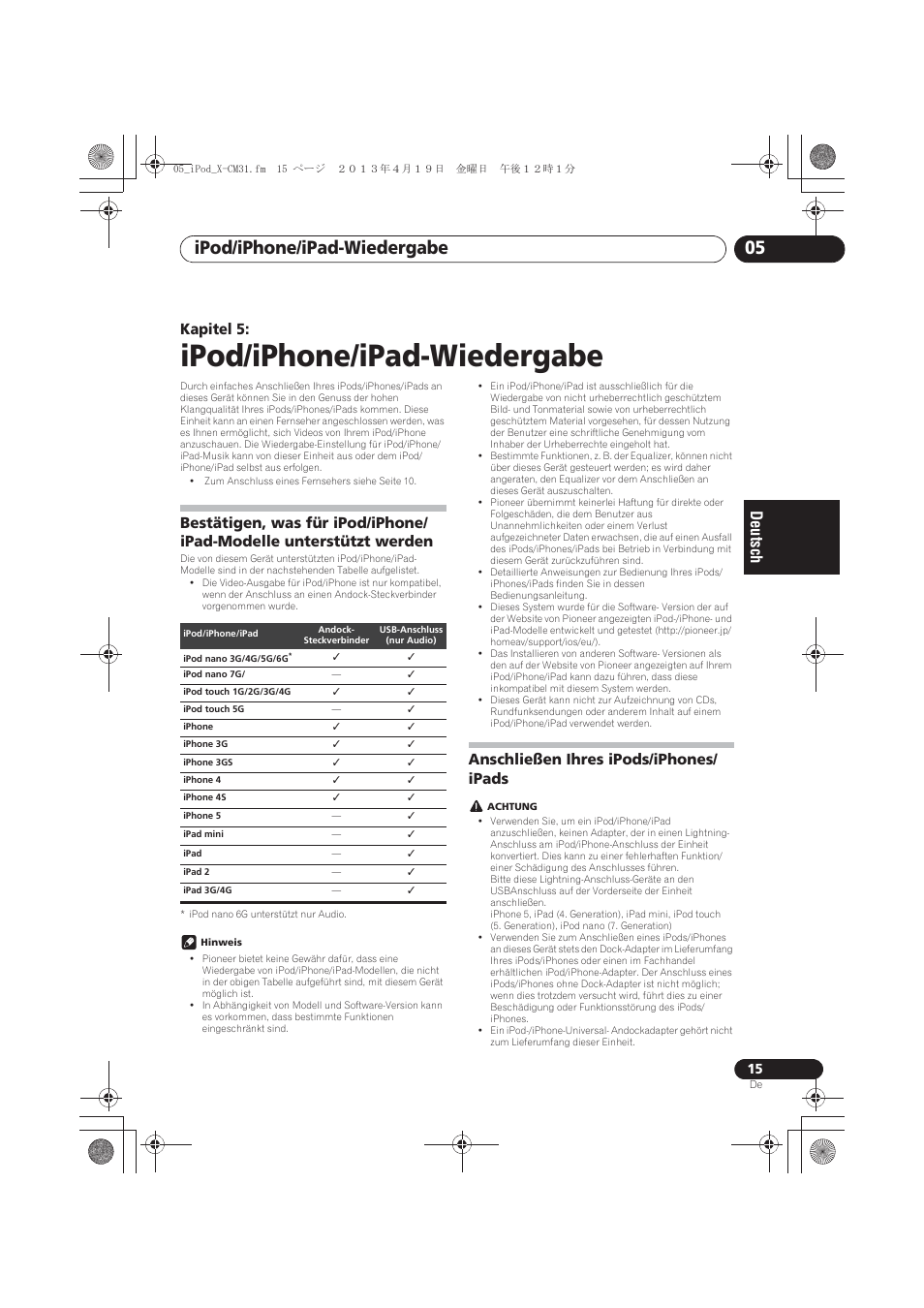 Ipod/iphone/ipad-wiedergabe, Anschließen ihres ipods/iphones/ ipads, 05 ipod/iphone/ipad-wiedergabe | Bestätigen, was für ipod/iphone/ipad-modelle, Unterstützt werden, Anschließen ihres ipods/iphones/ipads, Ipod/iphone/ipad-wiedergabe 05, Kapitel 5 | Pioneer X-CM31-W User Manual | Page 79 / 228