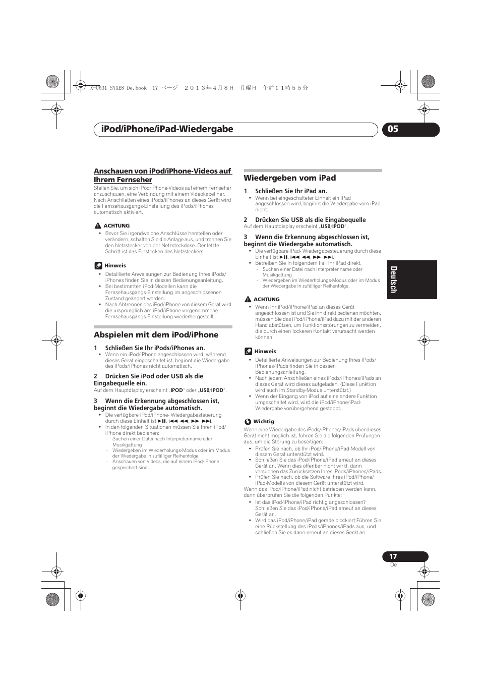 Abspielen mit dem ipod/iphone, Wiedergeben vom ipad, Anschauen von ipod/iphone-videos auf ihrem | Fernseher, Ipod/iphone/ipad-wiedergabe 05 | Pioneer X-CM31-W User Manual | Page 81 / 228