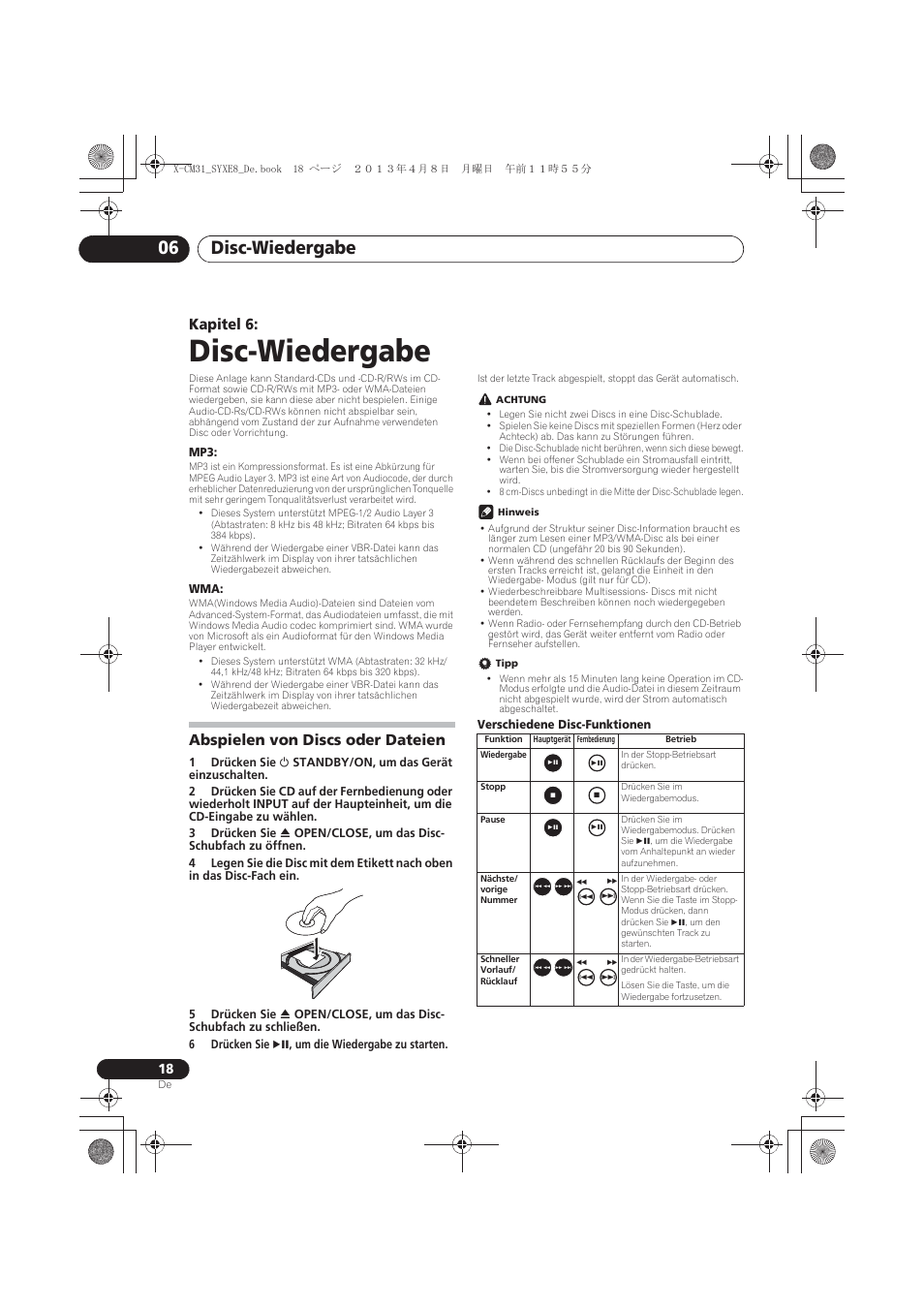 Disc-wiedergabe, Abspielen von discs oder dateien, 06 disc-wiedergabe | Disc-wiedergabe 06, Kapitel 6 | Pioneer X-CM31-W User Manual | Page 82 / 228