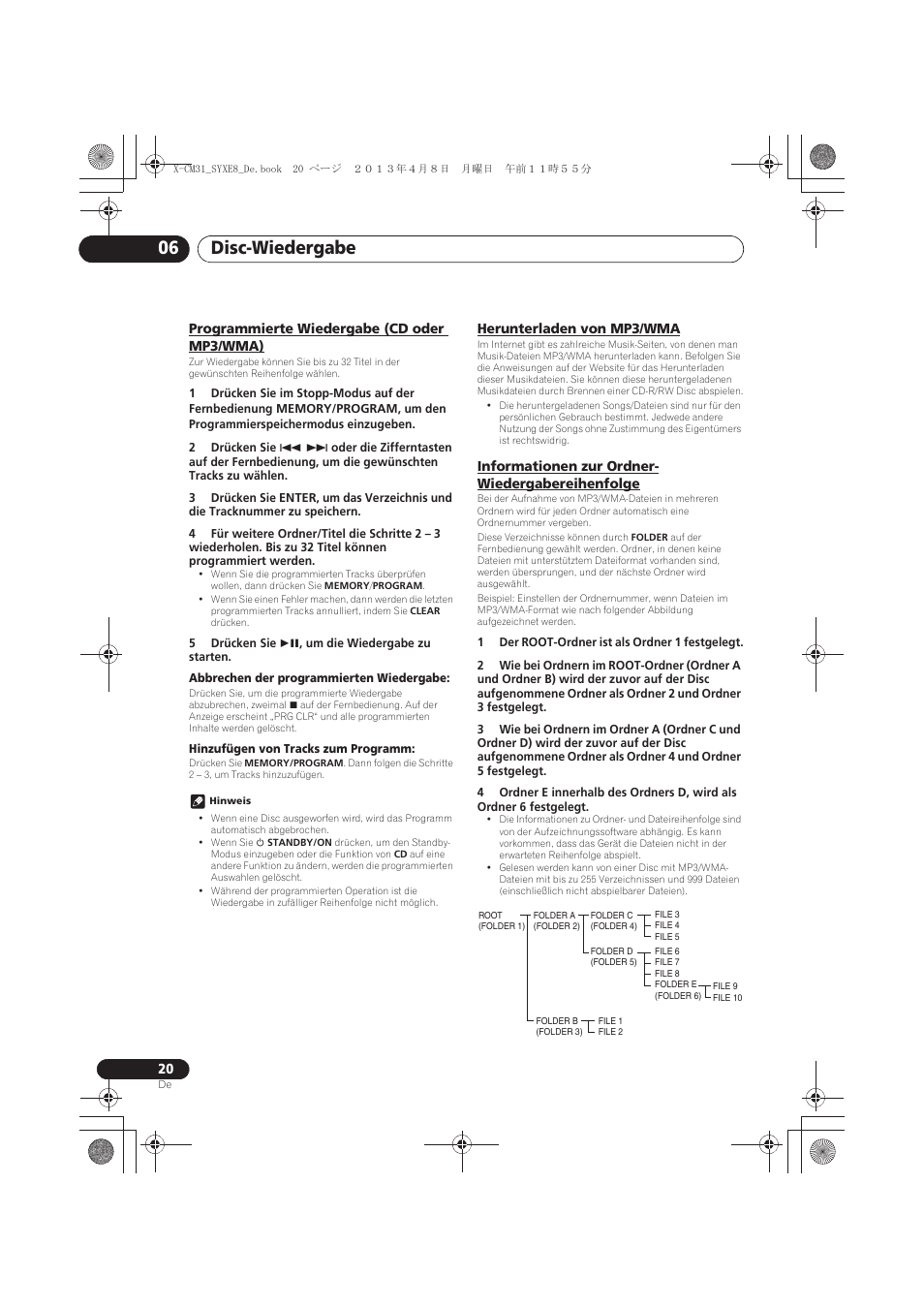 Programmierte wiedergabe (cd oder mp3/wma), Herunterladen von mp3/wma, Informationen zur ordner- wiedergabereihenfolge | Informationen zur ordner-wiedergabereihenfolge, Disc-wiedergabe 06 | Pioneer X-CM31-W User Manual | Page 84 / 228