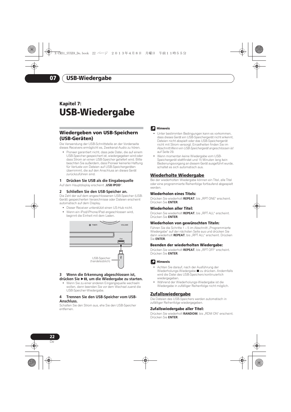 Usb-wiedergabe, Wiedergeben von usb-speichern (usb-geräten), Wiederholte wiedergabe | Zufallswiedergabe, 07 usb-wiedergabe, Usb-wiedergabe 07, Kapitel 7 | Pioneer X-CM31-W User Manual | Page 86 / 228