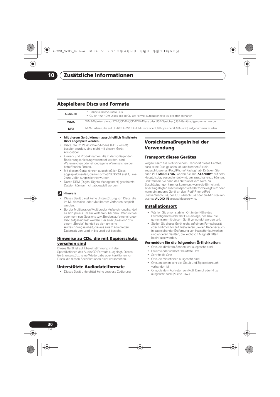 Abspielbare discs und formate, Unterstützte audiodateiformate, Vorsichtsmaßregeln bei der verwendung | Transport dieses gerätes, Installationsort, Hinweise zu cds, die mit kopierschutz versehen, Sind, Zusätzliche informationen 10 | Pioneer X-CM31-W User Manual | Page 94 / 228