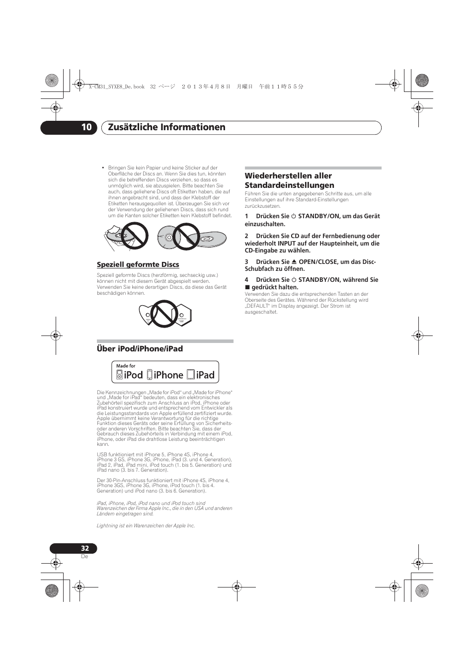 Speziell geformte discs, Über ipod/iphone/ipad, Wiederherstellen aller standardeinstellungen | Zusätzliche informationen 10 | Pioneer X-CM31-W User Manual | Page 96 / 228