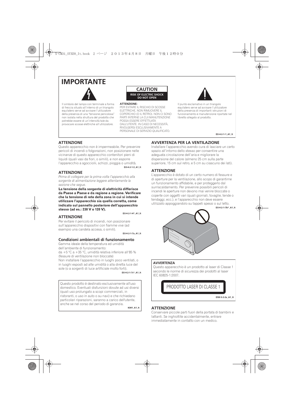 Importante, Caution, Prodotto laser di classe 1 | Pioneer X-CM31-W User Manual | Page 98 / 228