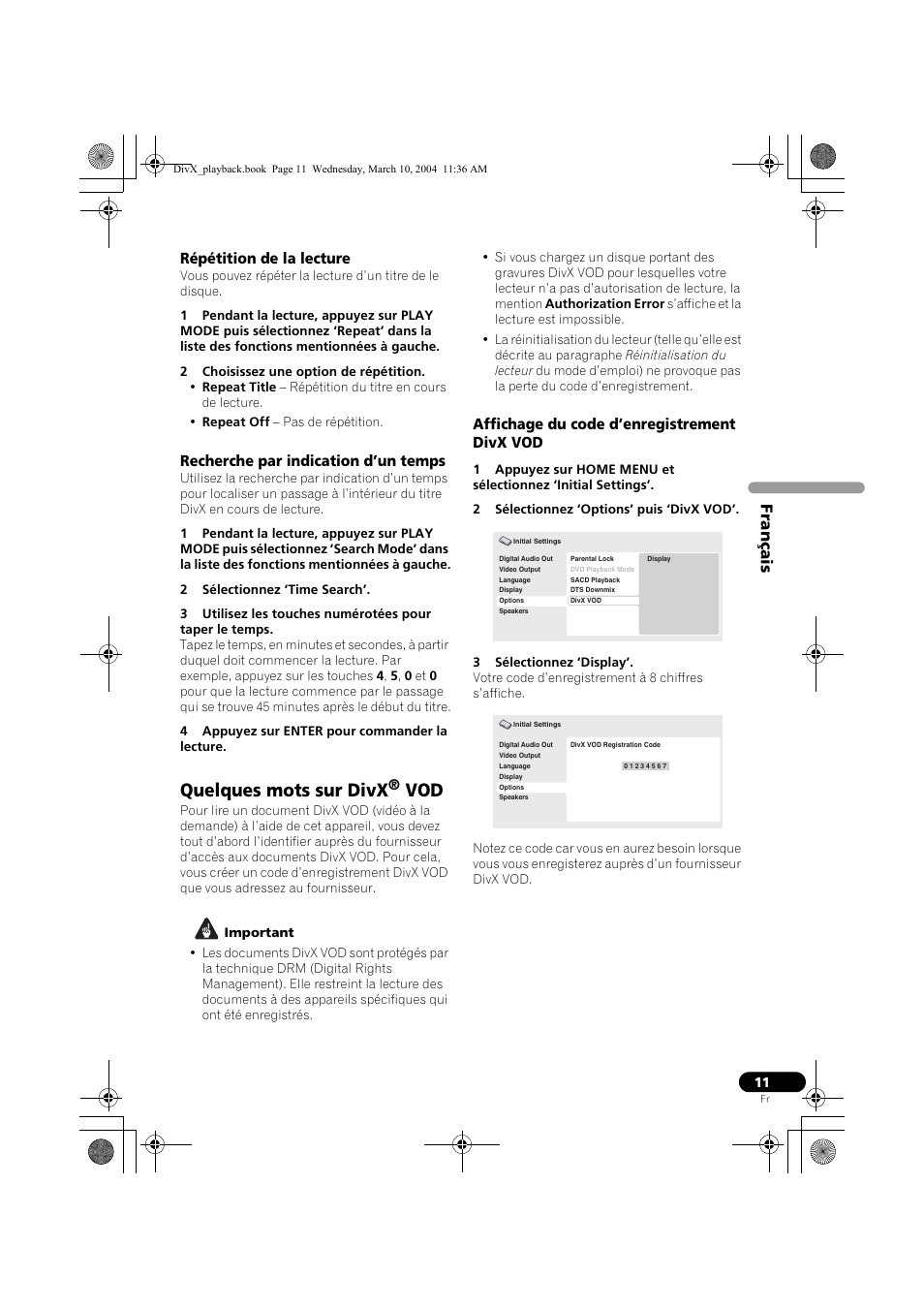 Quelques mots sur divx, Français, Répétition de la lecture | Recherche par indication d’un temps, Affichage du code d’enregistrement divx vod | Pioneer DV-575A-K User Manual | Page 11 / 24