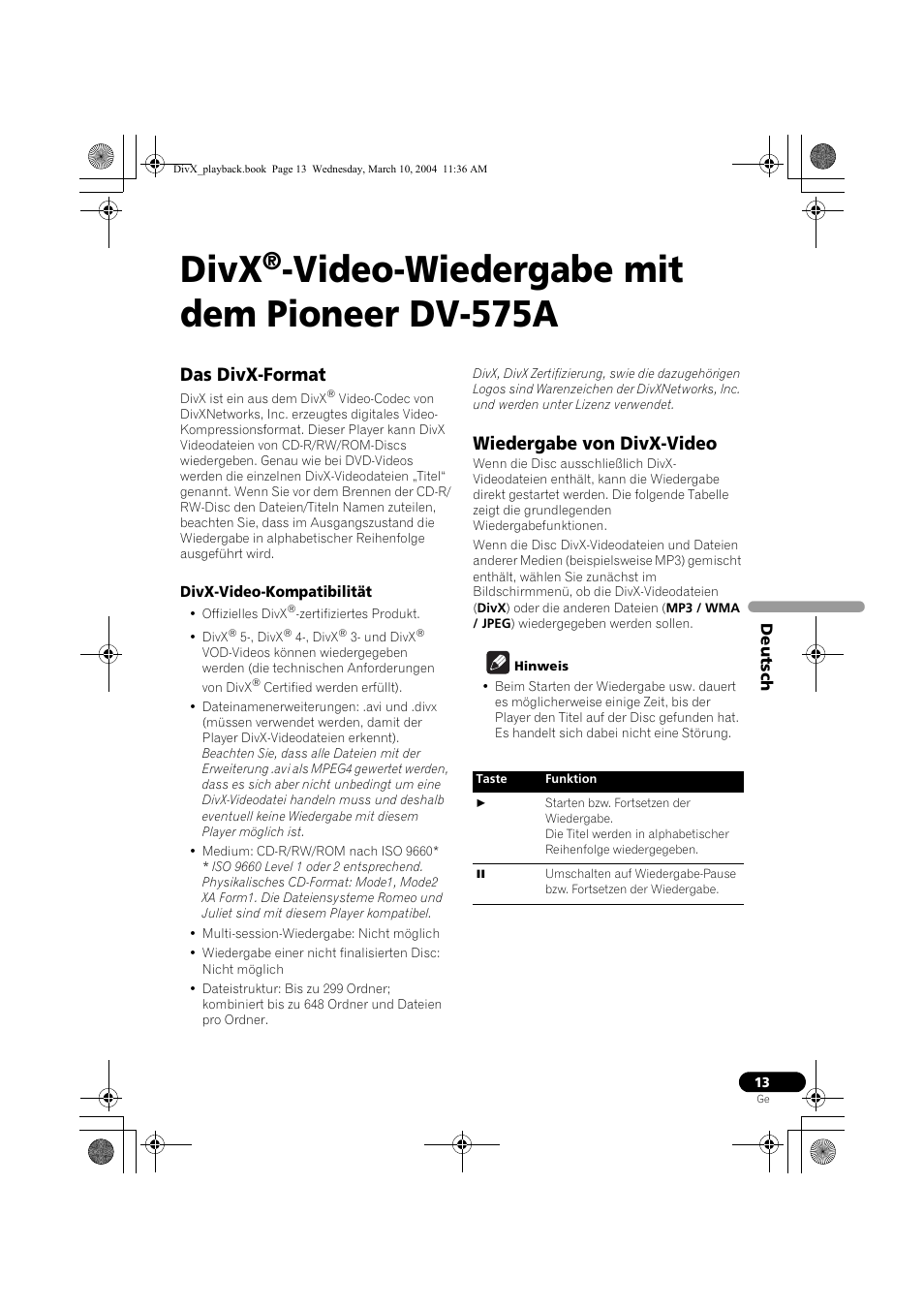 Divx, Video-wiedergabe mit dem pioneer dv-575a, Das divx-format | Wiedergabe von divx-video | Pioneer DV-575A-K User Manual | Page 13 / 24