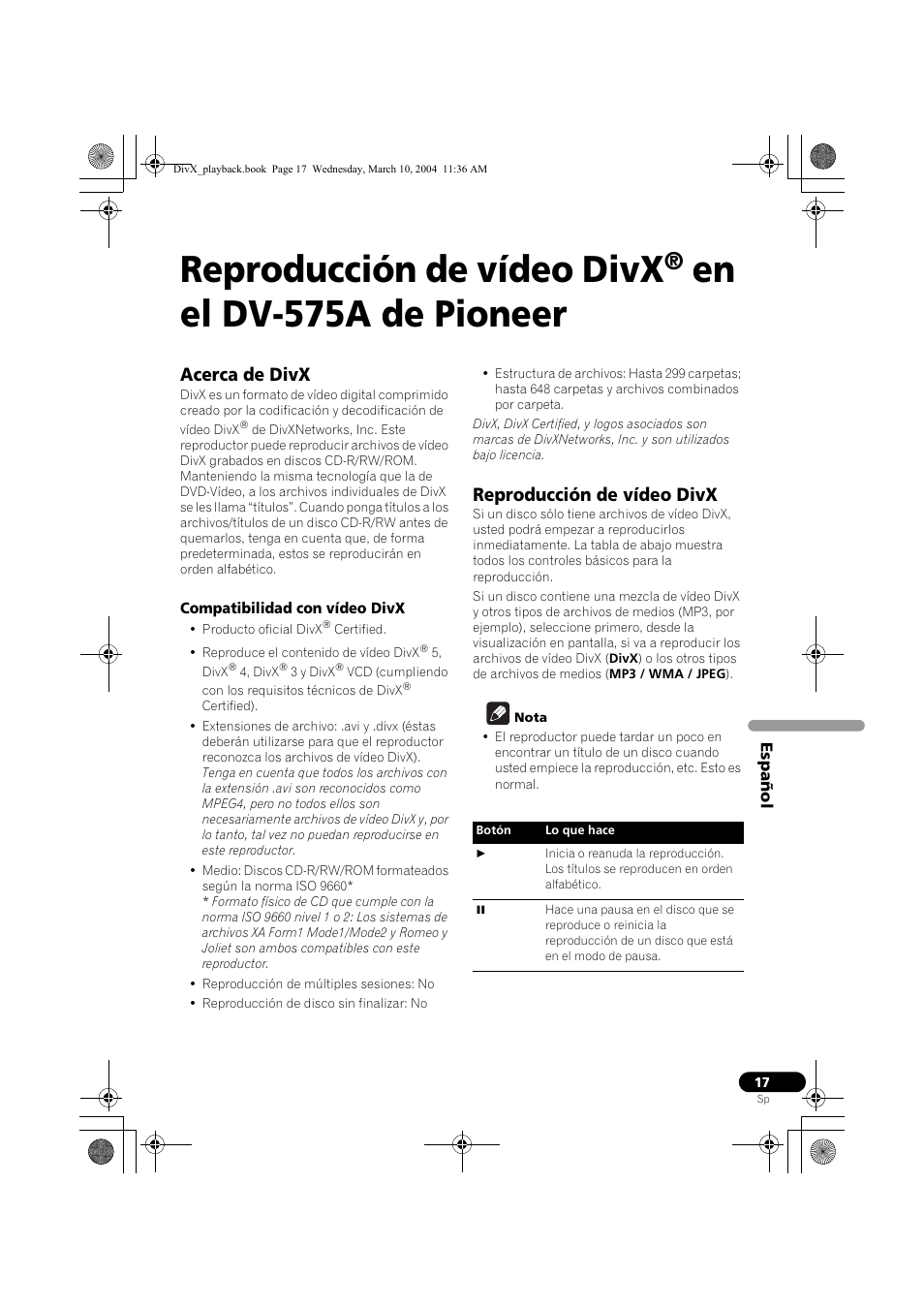 Reproducción de vídeo divx, En el dv-575a de pioneer, Acerca de divx | Pioneer DV-575A-K User Manual | Page 17 / 24