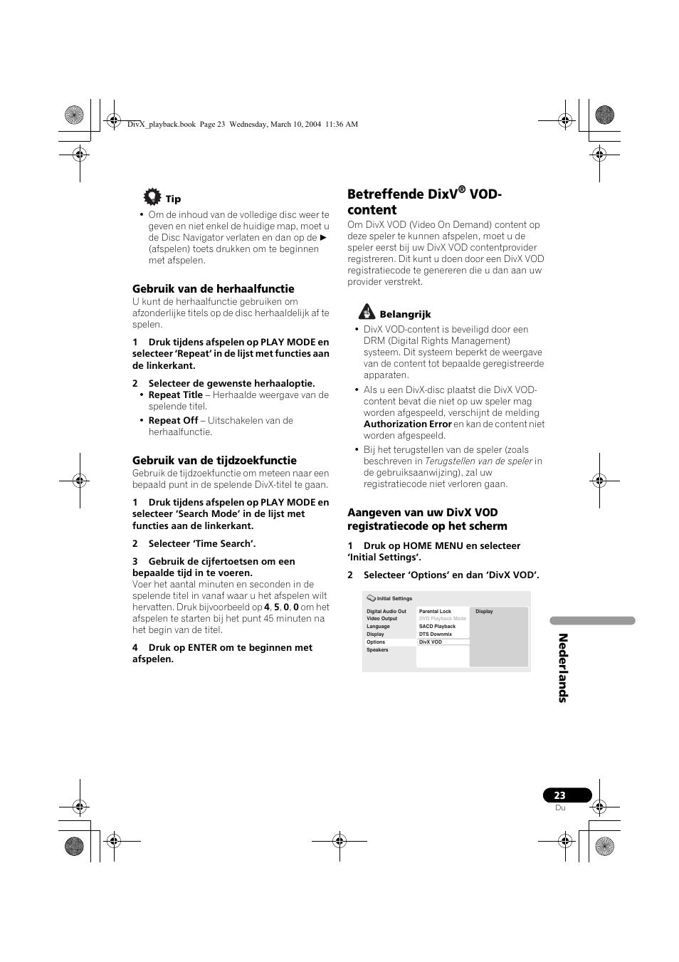 Betreffende dixv, Vod- content, Nederlands | Pioneer DV-575A-K User Manual | Page 23 / 24